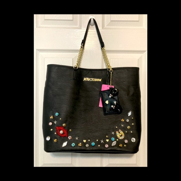 Betsy Johnson Large Black Studded Pins Tote w/ Small Crossbody. NWT! - Picture 3 of 16
